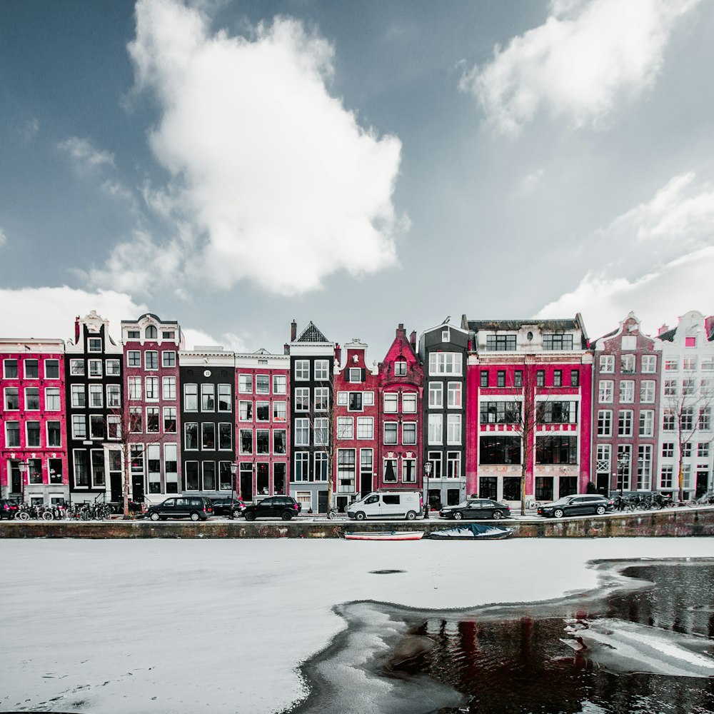 분홍색, 흰색, 검은색, 보라색 건물