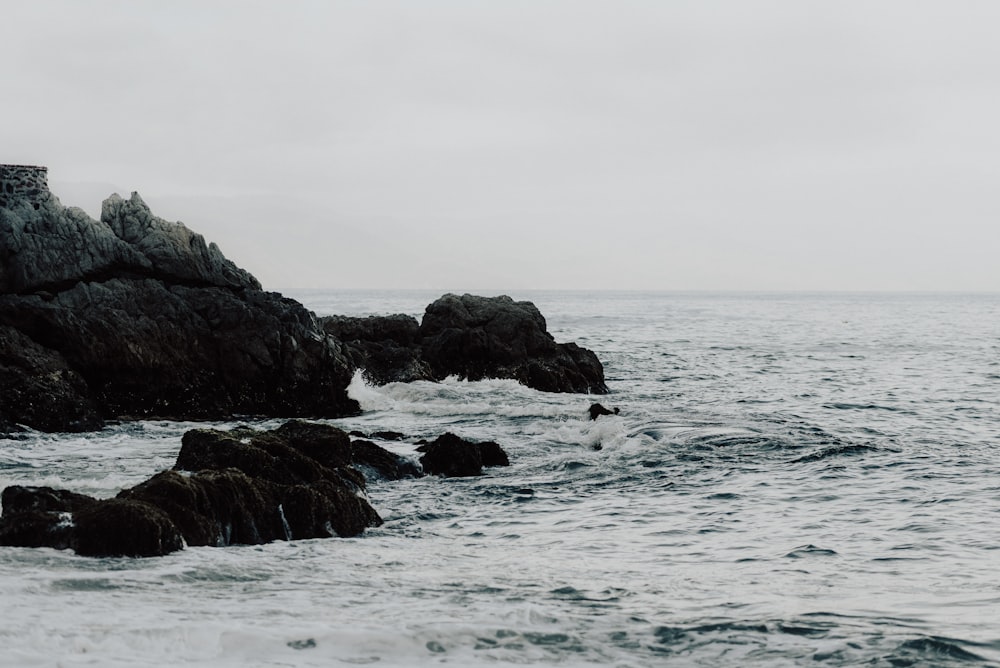 a large body of water next to a rocky shore