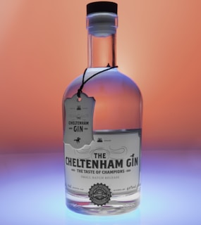 A clear glass bottle of Cheltenham Gin features a label with detailed text and a circular badge. The bottle is topped with a black cap, and a tag hangs around its neck with strings. The background shows a gradient of warm orange transitioning to a cool blue at the base, providing a striking contrast.