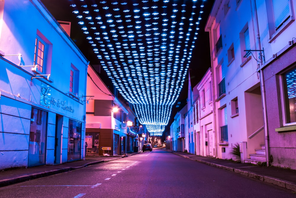 empty alleyway with lighted buntings