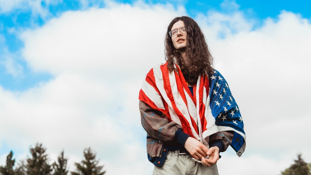 U.S. America flag on man wearing brown jacket