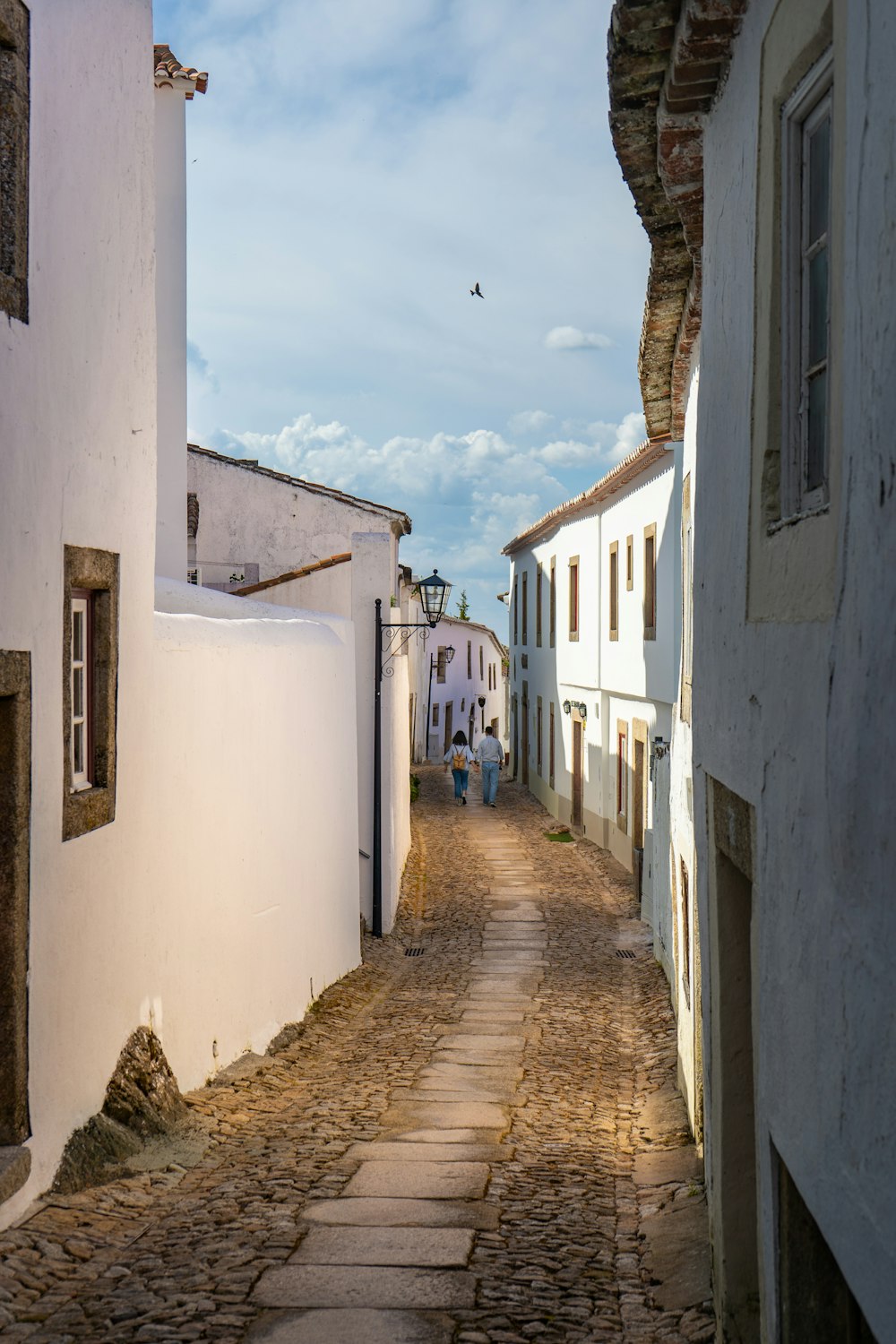 Dos personas caminando por un camino de concreto entre las casas