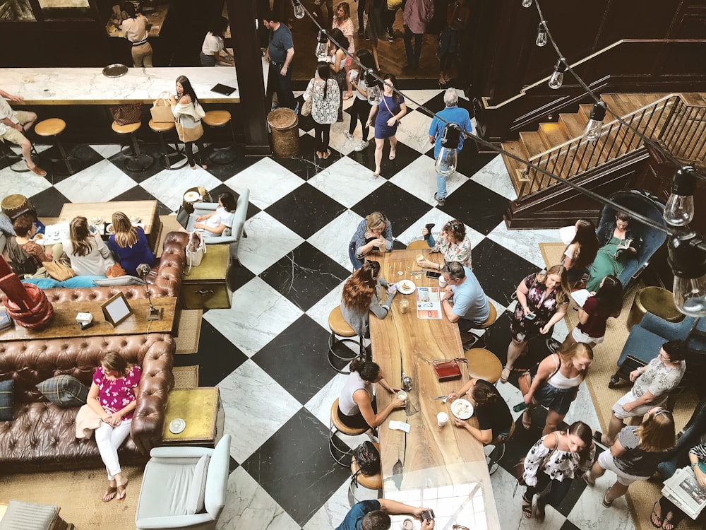 top view photography of people in food court interior