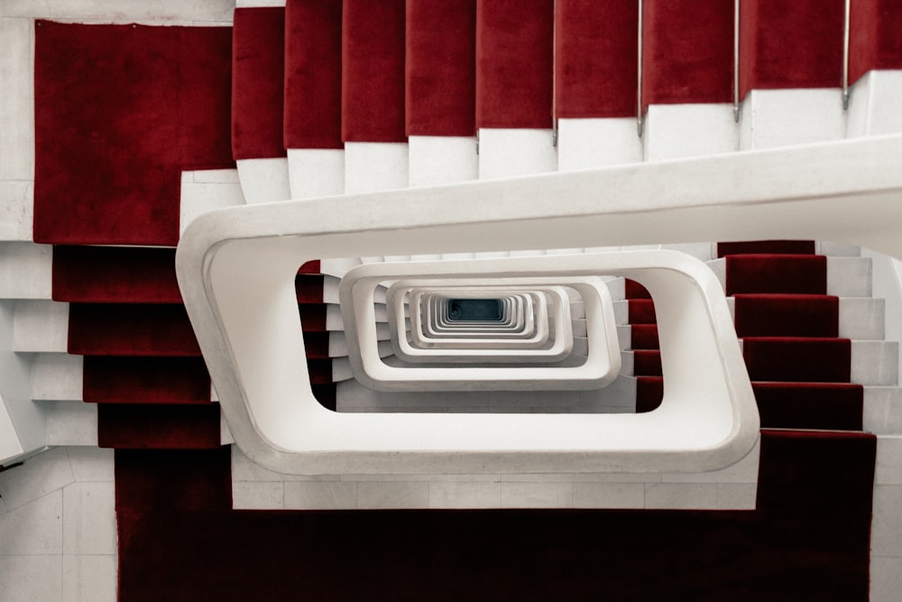 high-angle photo of spiral stairs with red carpet