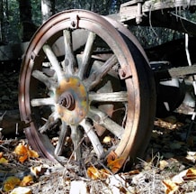 An old wooden wheel with eight spokes rolls gently down a dusty road toward a distant mountain under a calm sky.