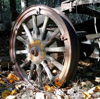 An old wooden wheel with eight spokes rolls gently down a dusty road toward a distant mountain under a calm sky.