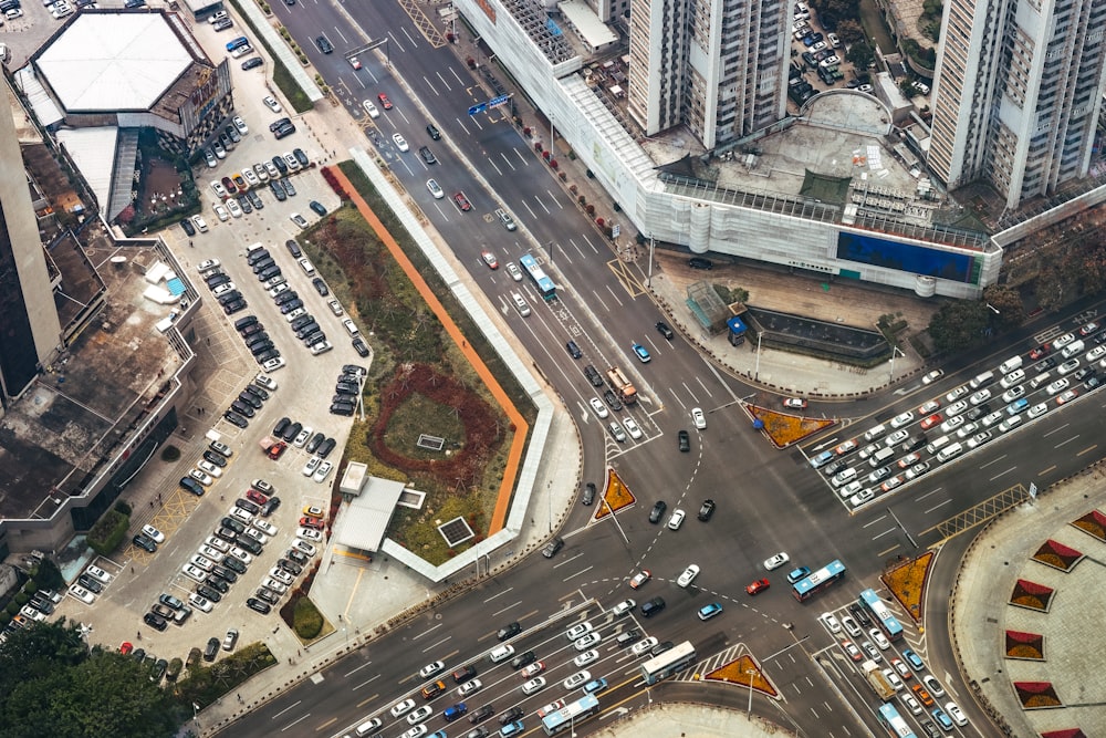 an aerial view of a busy city intersection