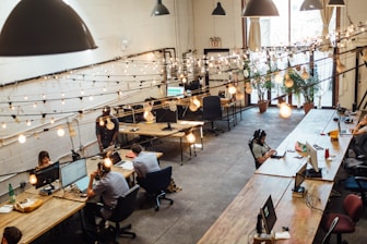 A spacious, modern office setting with several people working at large wooden desks. Overhead string lights add a warm ambiance, and there are computers and office supplies on the desks. Large windows allow natural light to enter, and there are potted plants in the background.