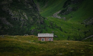 A solitary wooden cabin with a faded red exterior sits amidst a lush green valley. The landscape is dominated by towering hills covered in vibrant grass and scattered shrubs, creating a serene and secluded atmosphere.