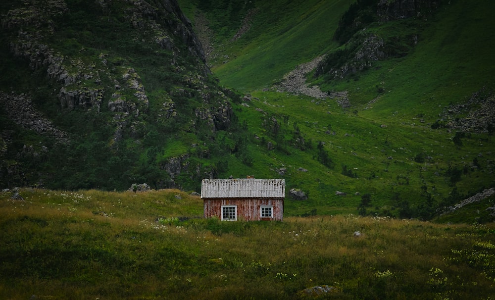 Braune und weiße Hütte auf Wiese neben grünem Berg