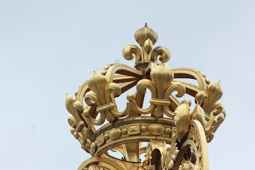 Close-up of the fleur de lis emblem embroidered on an elegant ceremonial robe.
