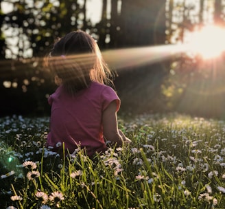 girl sitting on daisy flowerbed in forest