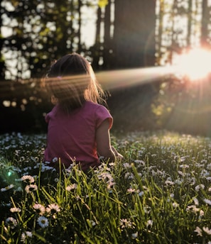 girl sitting on daisy flowerbed in forest