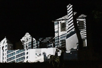 A building is illuminated in the dark with patterns of light and shadow creating an architectural illusion. The projected design features geometric lines and shapes, giving the façade a surreal and artistic appearance.