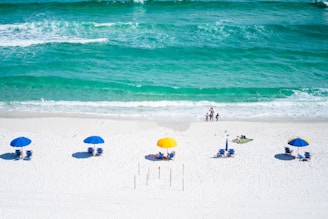 blue and yellow umbrellas on seashore