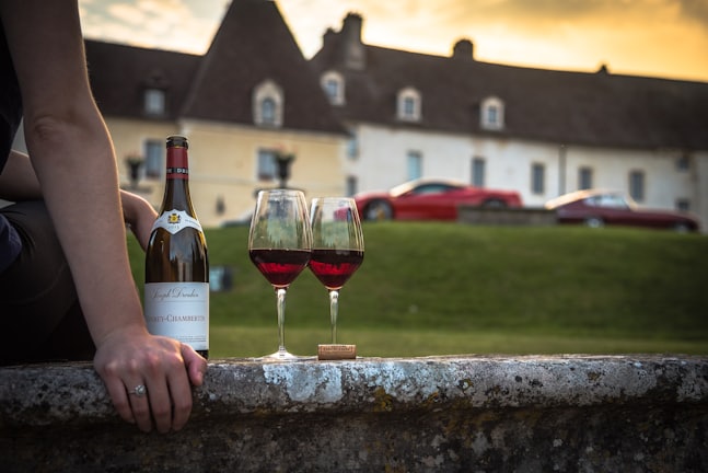 person sitting near two wine glasses and wine bottle