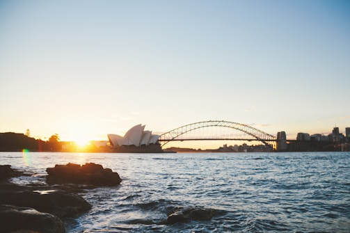Wide shot of Sydney Harbour Bridge at sunset, symbolizing new journeys and opportunities.