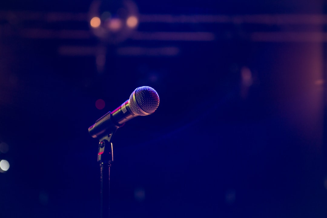 black and gray microphone on black stand, Simple microphone shot on the stage
