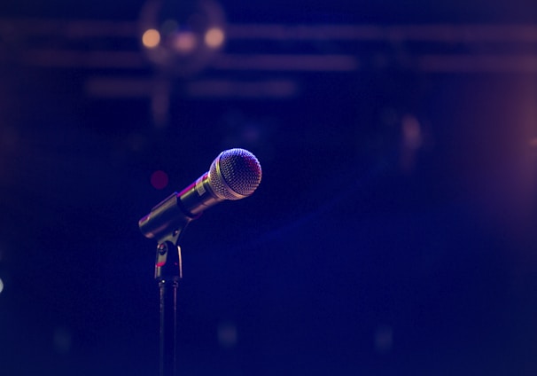 black and gray microphone on black stand