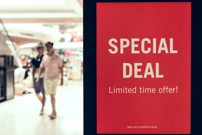 Close-up of a special offer tag with a 7-day guarantee badge