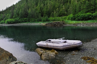 An inflatable boat rests on a rocky shore surrounded by a tranquil body of water. The background features a dense forest with tall green trees, creating a serene natural setting.