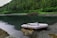 An inflatable boat rests on a rocky shore surrounded by a tranquil body of water. The background features a dense forest with tall green trees, creating a serene natural setting.