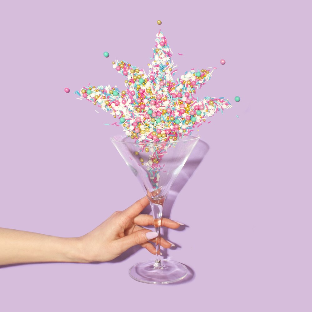 person holding clear martini glass