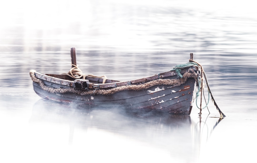 empty brown boat on body of water, Mist