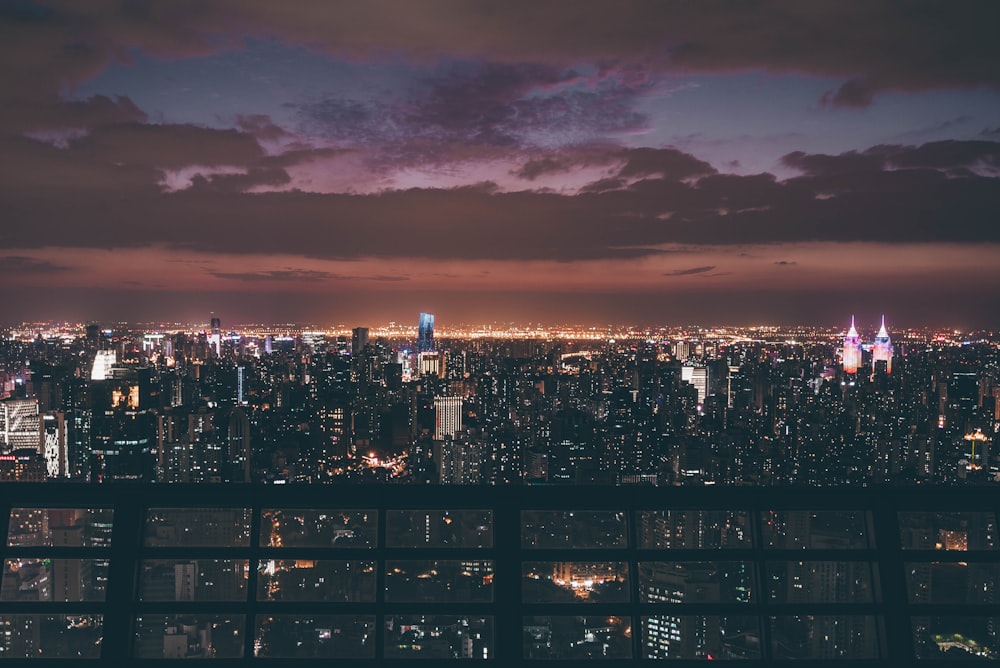 aerial view of city buildings during night