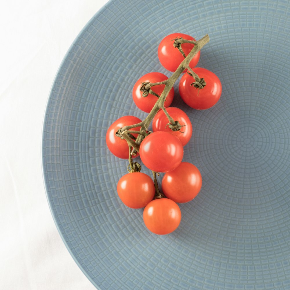top view photography of tomatoes on plate