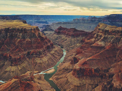 The Colorado river winding through the layered walls of the Grand Canyon
