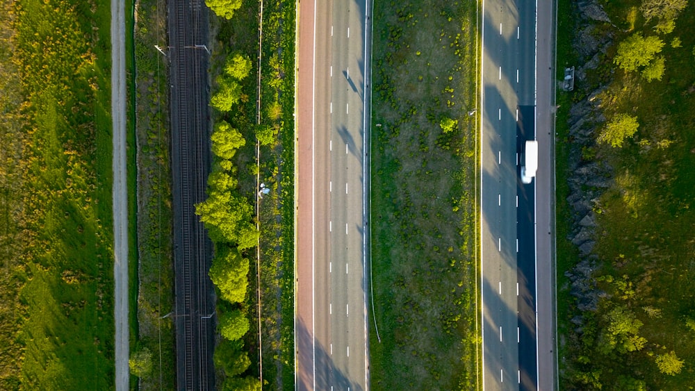 top view photography of road surrounded of plants