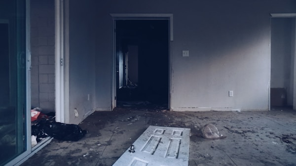 photography of broken door near room