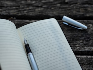 gray and black fountain pen and book