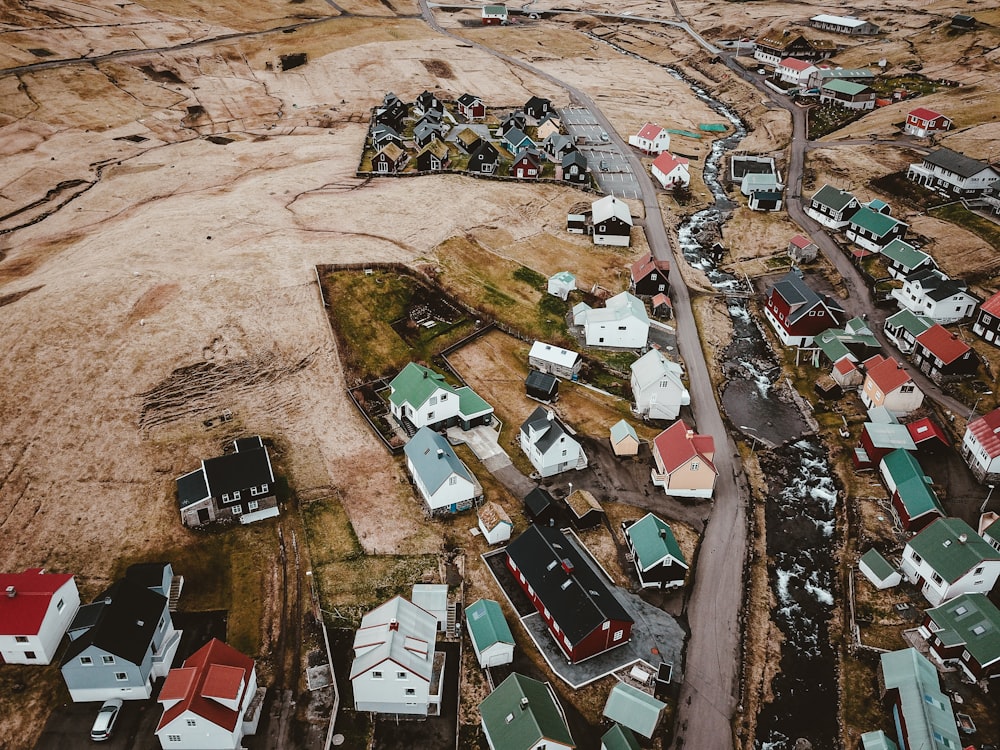 bird's eye view of houses near canyon