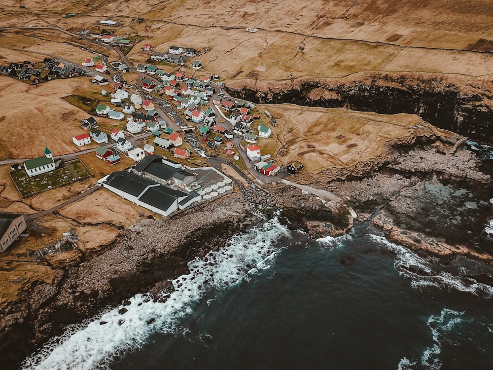 bird's-eye view of houses near body of water