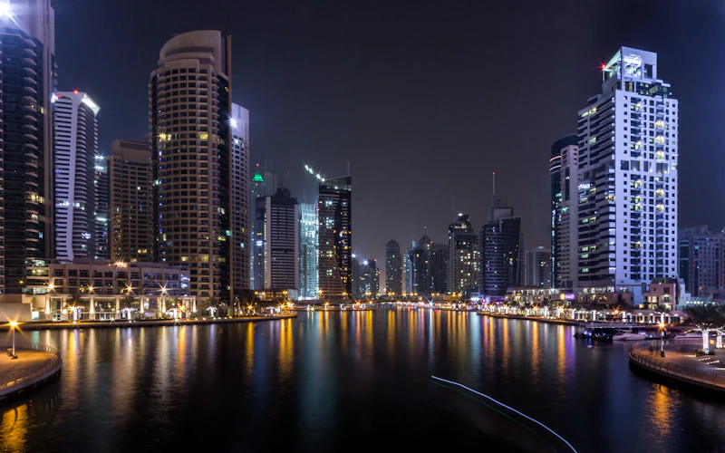 Lights of Dubai Marina reflected in the water