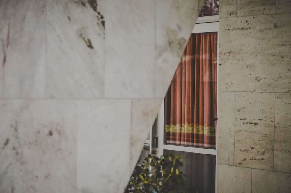 a window with a curtain and a plant in front of it