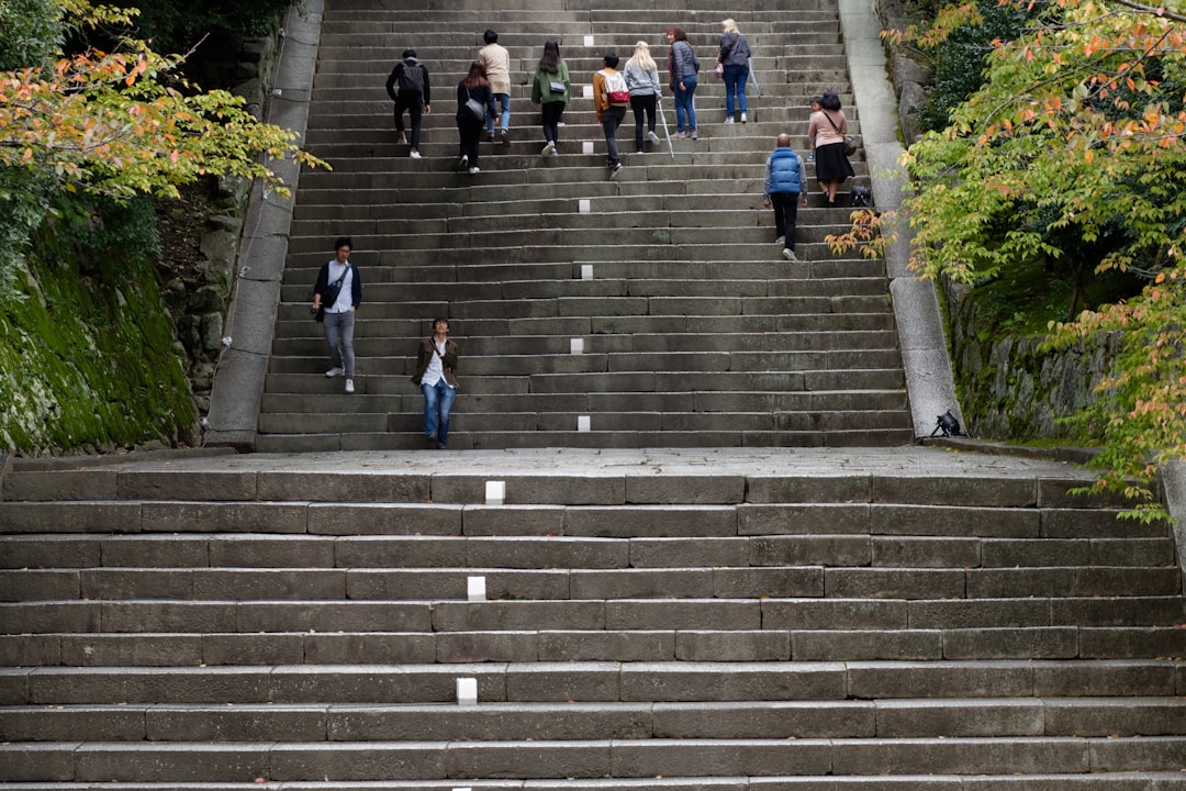 In this picture, most people are shown at the top of what is visible of the stairs. What lies beyond is not shown. Stairs are frequently used as a metaphor of the effort that lies ahead. Here I wanted to turn things around and rather represent what is accomplished so far, and in a serene environment rather than focus on effort.
As it is sometime said, the important things in life are not always the ends themselves, but the journey.
(And if you do ask, what is actually at the end of these stairs is a Japanese temple.)