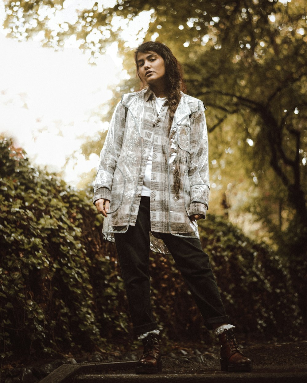 woman wearing white and gray coat