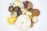 An assortment of various mushrooms arranged artistically against a plain white background. The mushrooms display a range of colors and textures, including earthy browns, vibrant yellows, and muted whites. Some mushrooms have round, cap-like tops, while others display more intricate gill patterns.