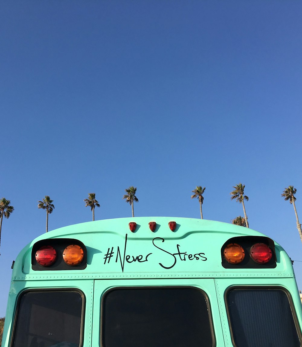 low-angle view of blue bus near coconut palm trees