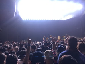 Crowd cheering wildly at a live concert under bright stage lights