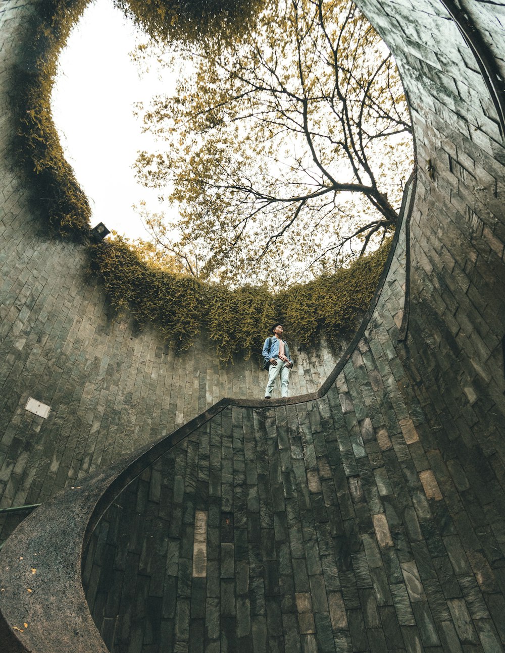 man standing on spiral stairs