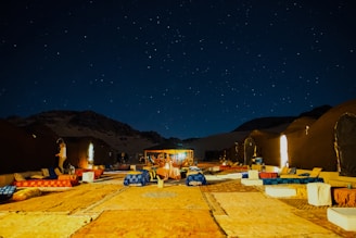lined up outdoor beds under starry night
