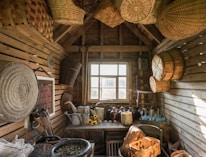 A rustic wooden shed with slatted walls houses an assortment of woven baskets hanging from the ceiling. Various gardening tools and containers, such as watering cans, are arranged on a table beneath a large window. A collection of brown glass bottles and a small arrangement of sunflowers add to the vintage decor.