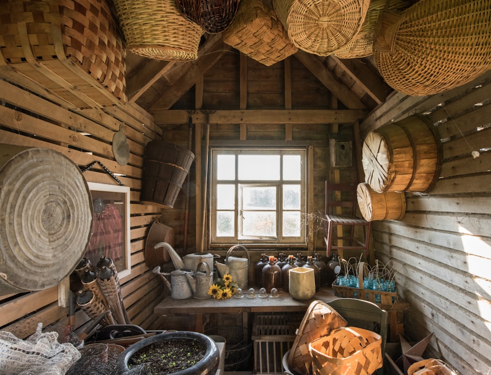 brown wicker basket on wall