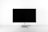 A sleek, modern desktop computer with a large, black screen and a minimalistic white frame, positioned on a white surface. In front of the screen is a compact white keyboard and a matching trackpad.