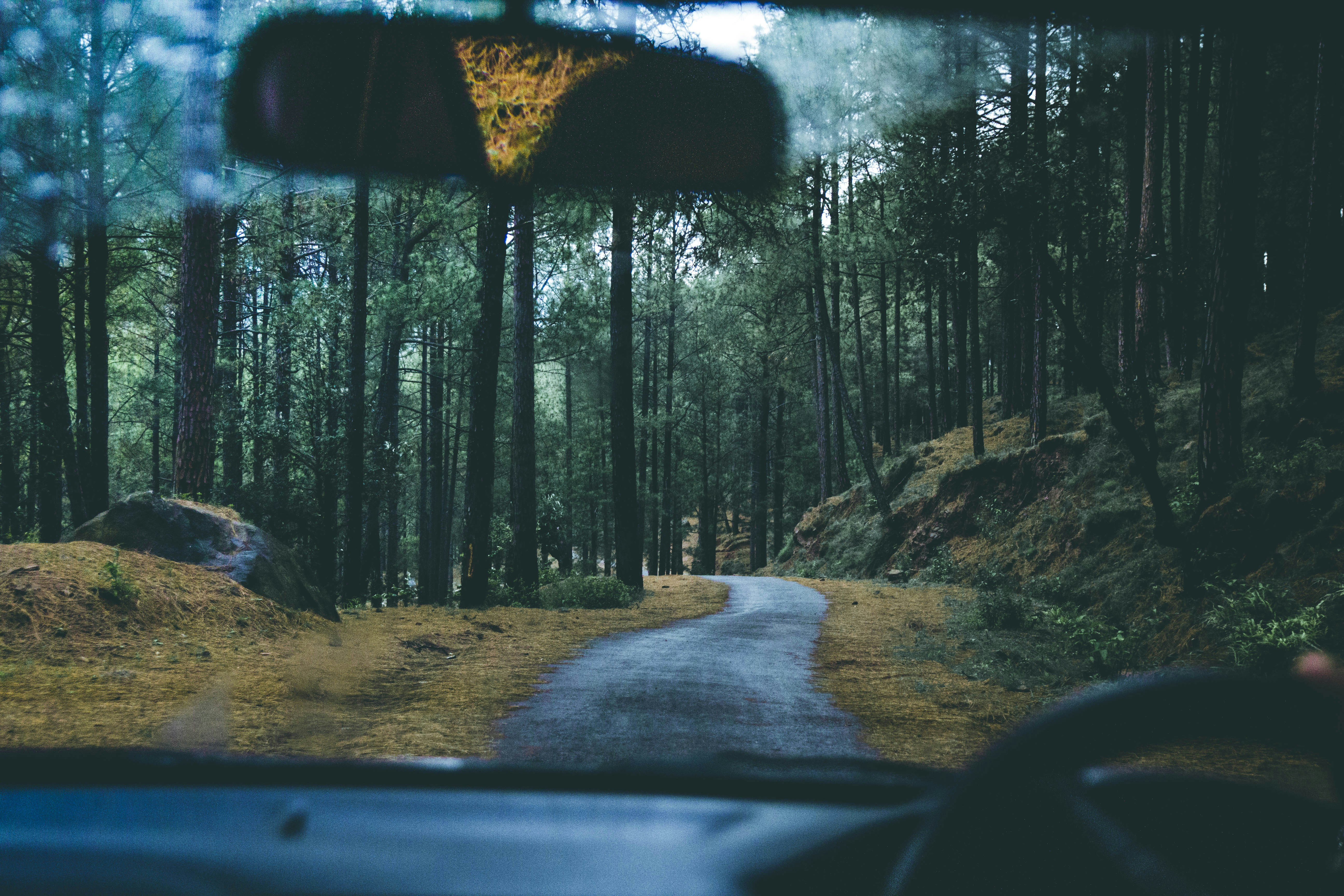 car front glass photo of road near trees, On our way to Kothli Sattiyan, a village in Rawalpindi District. It was 5:00 pm in the evening and it started to rain, putting out a perfect photograph for me.