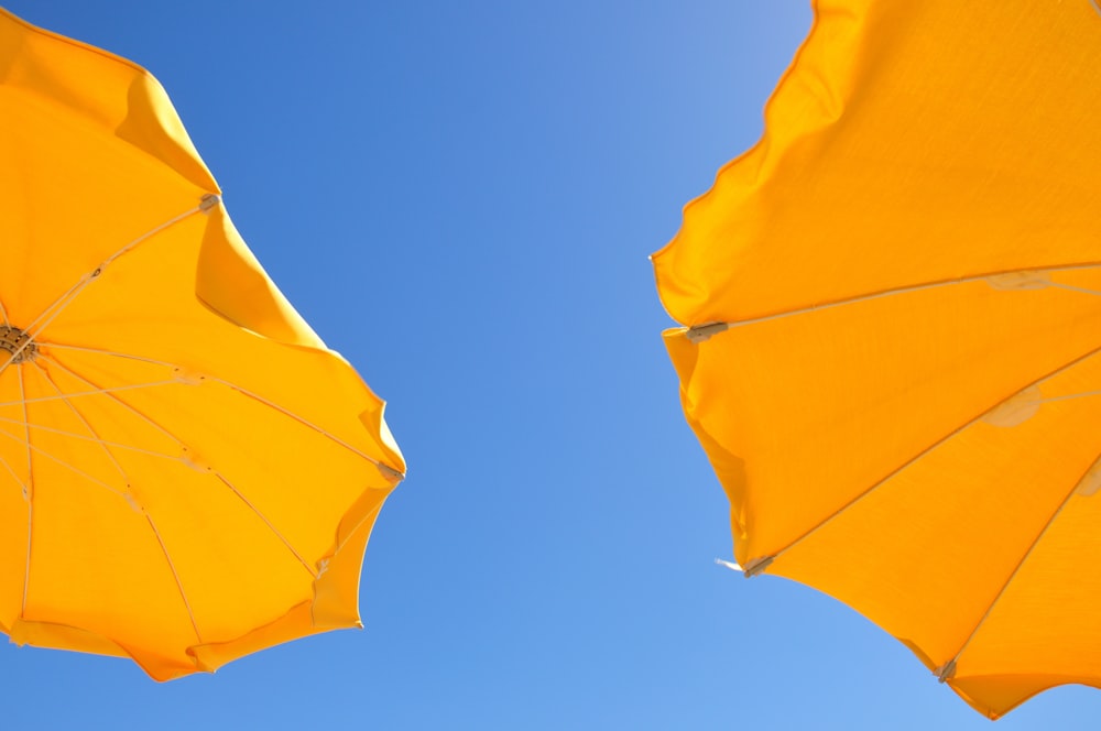 낮에는 푸른 하늘 아래 두 개의 노란색 안뜰 우산